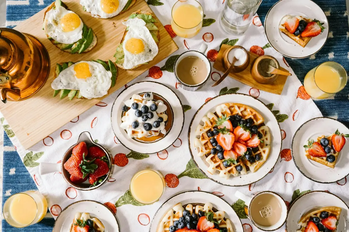 Brunch dishes spread across a table