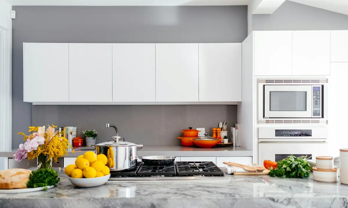 Bright home kitchen with a stove and counter